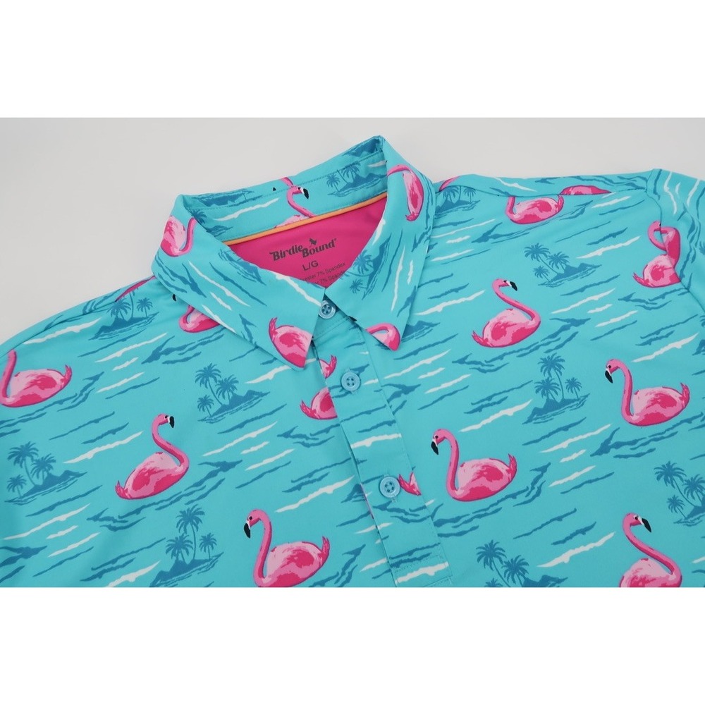 Birdie Bound Golf‎ Polo Shirt Mens Large Blue Pink Flamingo Tropical Stretch